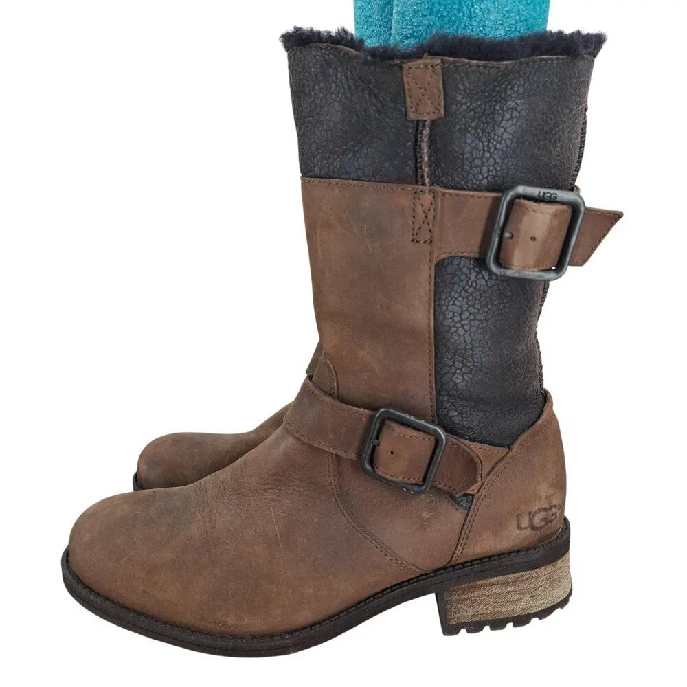 Ugg Oregon Brown Leather Waterproof Boots Size 7.5 Shearling Fur Moto Buckle